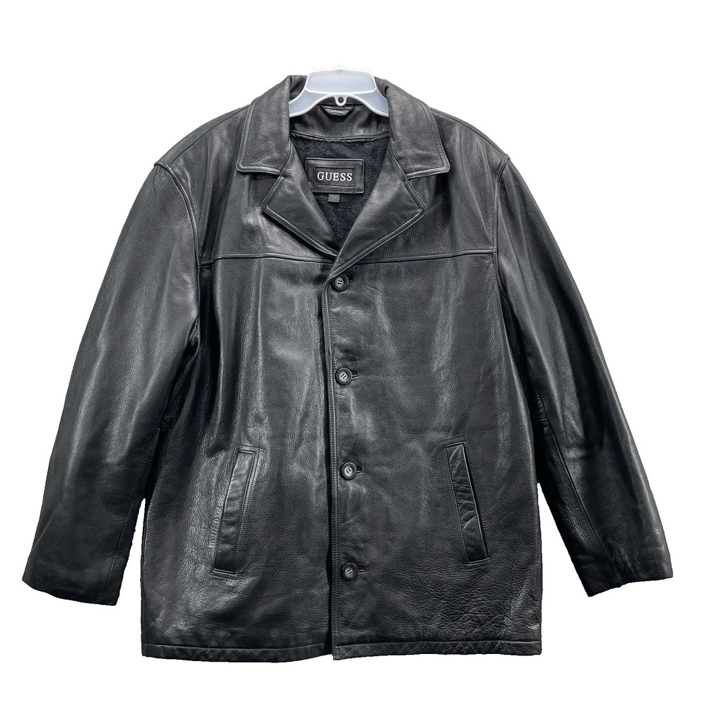 Guess Leather Button Jacket Men Large Wool Blend Lined Moto 90s Classic Corpcore